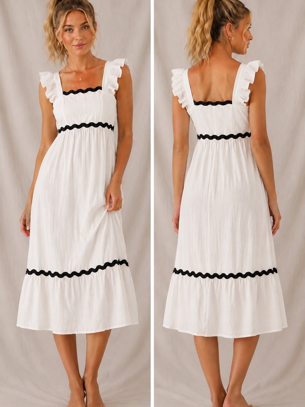 Chic White Maxi Dress with Black Trim - Picture 2 of 5
